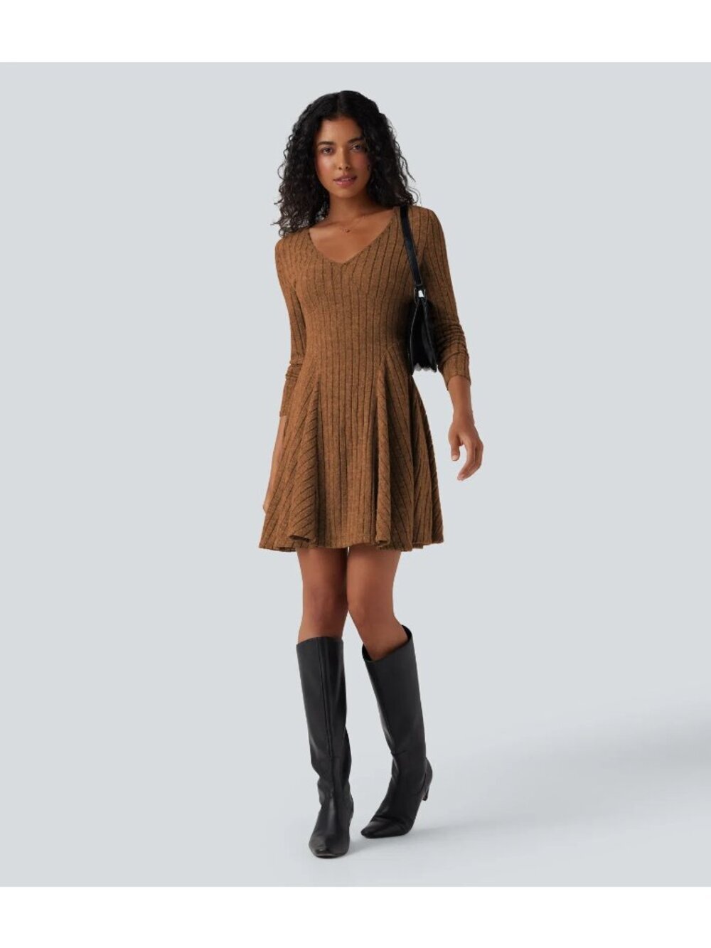 Halara Ribbed Knit V Neck Long Sleeve Flare Mini Casual Dress NWT Hickory M